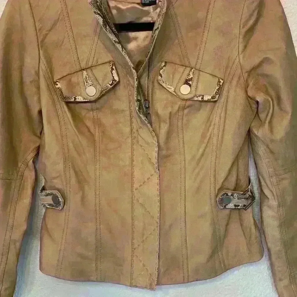 Etcetera tan leather snakeskin jacket sz 2 preppy moto 90s fall winter *flaw - Picture 8 of 13